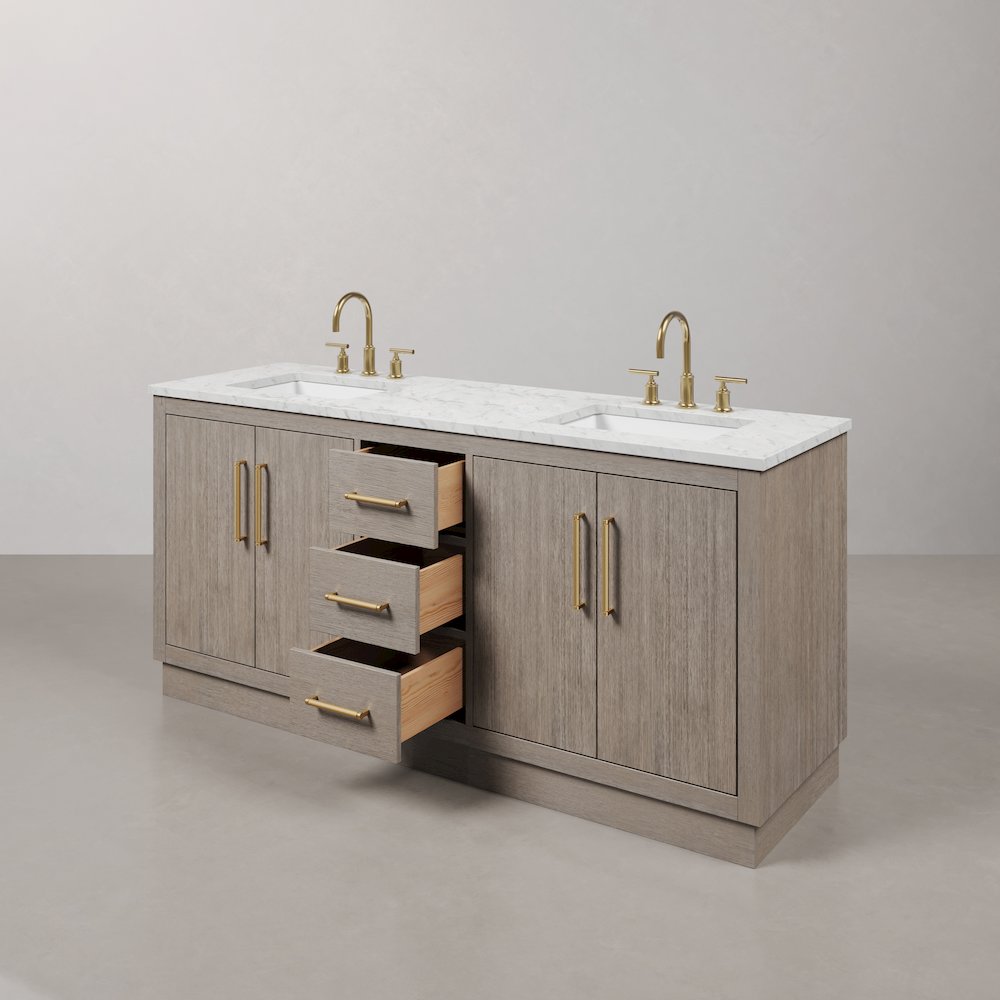 Hugo 72 In. Double Sink Carrara White Marble Countertop Bath Vanity in Grey Oak. Picture 7