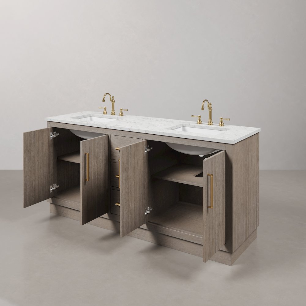 Hugo 72 In. Double Sink Carrara White Marble Countertop Bath Vanity in Grey Oak. Picture 5