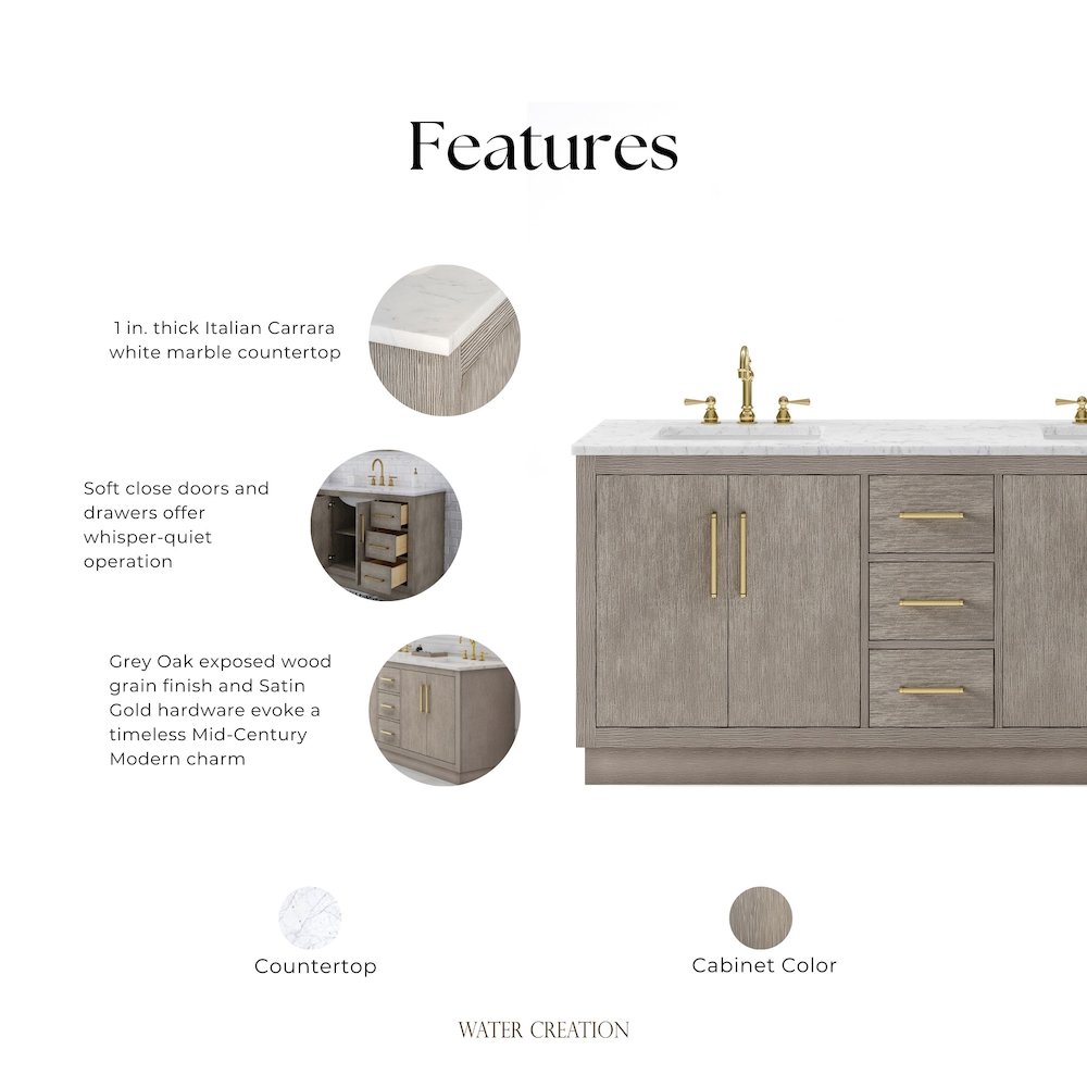 Hugo 72 In. Double Sink Carrara White Marble Countertop Bath Vanity in Grey Oak. Picture 15