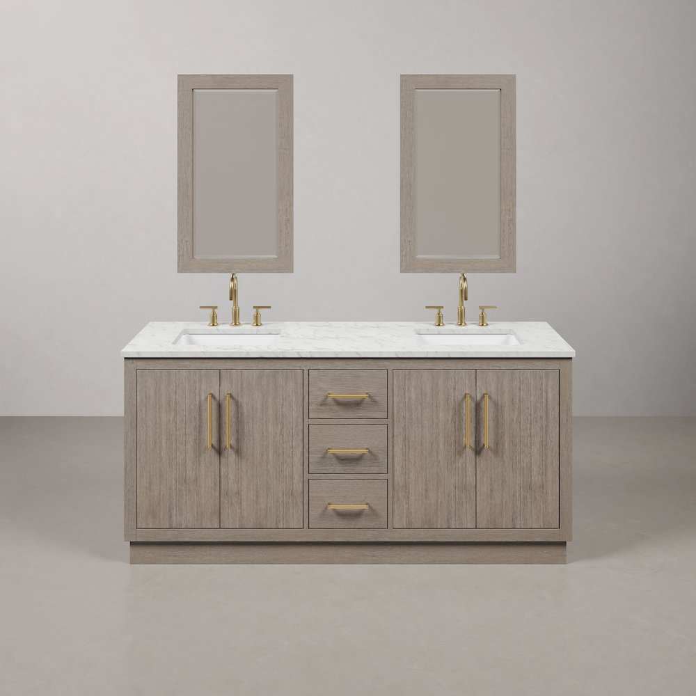 Hugo 72 In. Double Sink Carrara White Marble Countertop Bath Vanity in Grey Oak. Picture 1