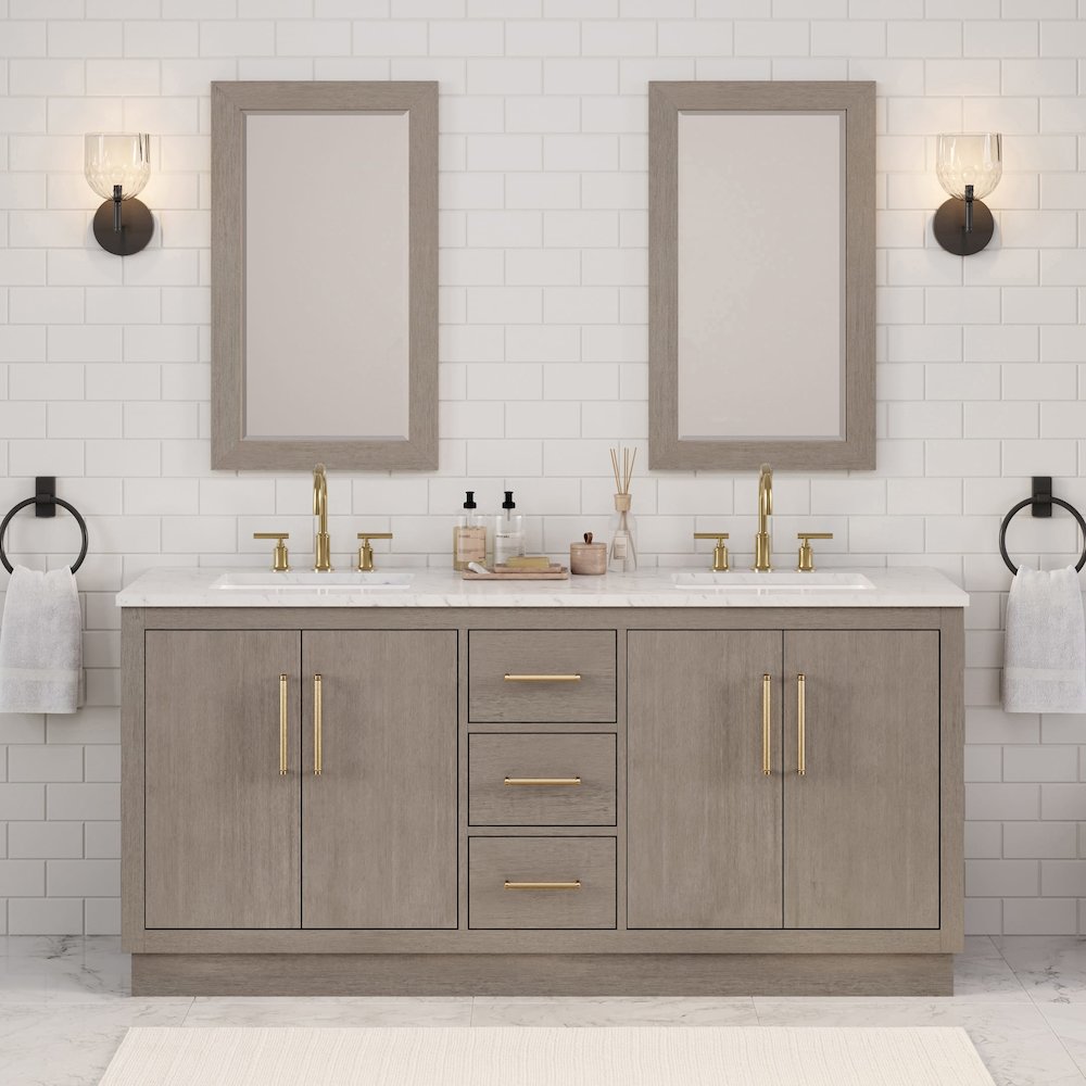Hugo 72 In. Double Sink Carrara White Marble Countertop Bath Vanity in Grey Oak. Picture 2