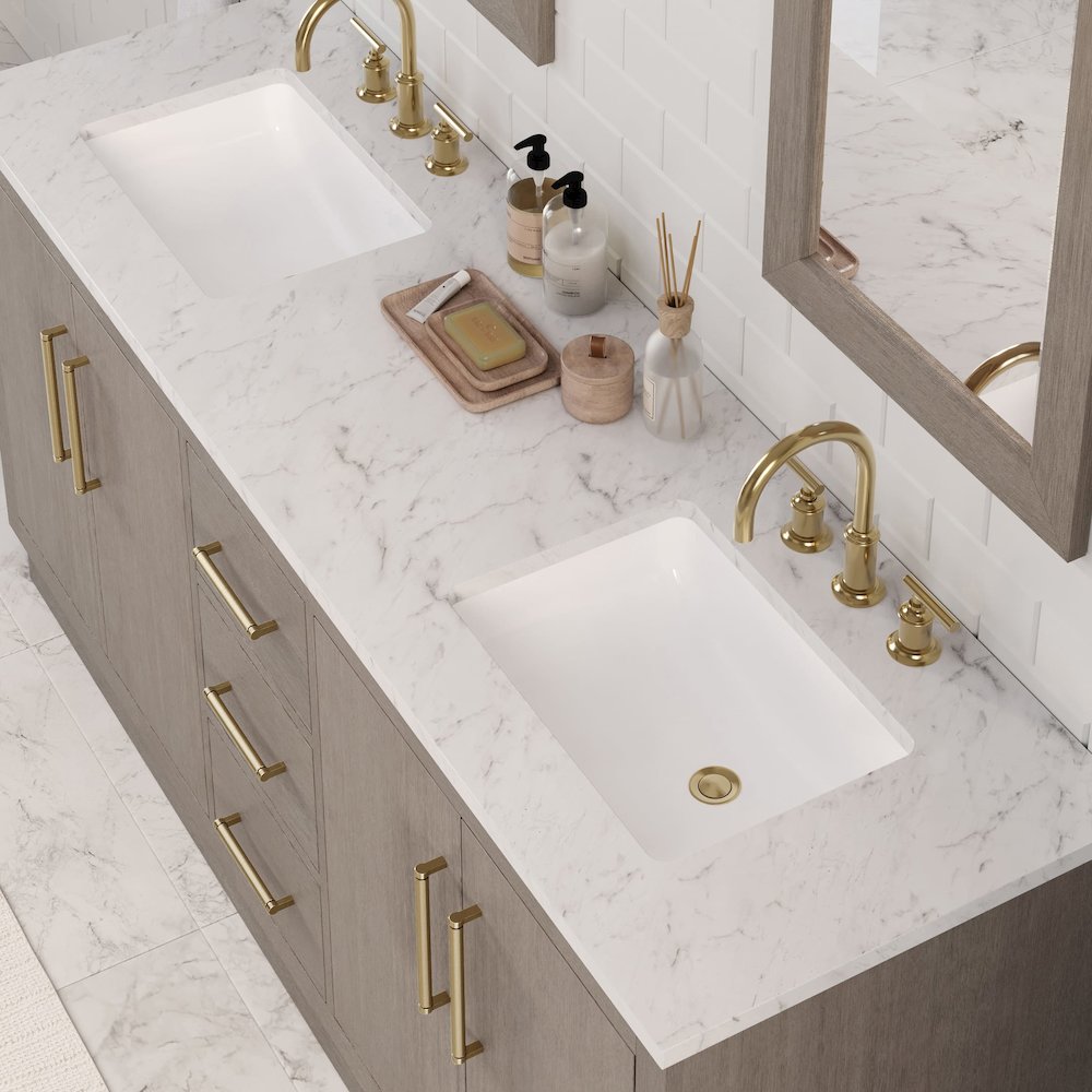 Hugo 72 In. Double Sink Carrara White Marble Countertop Bath Vanity in Grey Oak. Picture 13