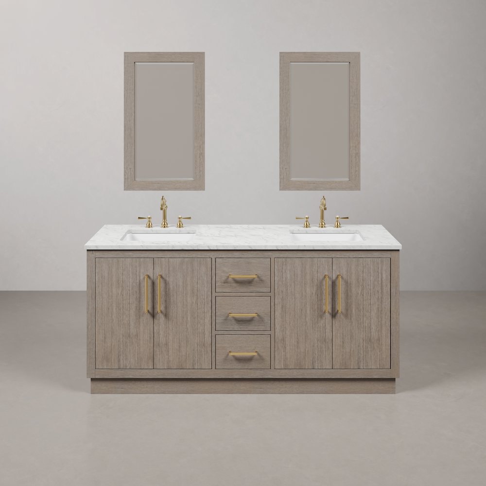 Hugo 72 In. Double Sink Carrara White Marble Countertop Bath Vanity in Grey Oak. Picture 1