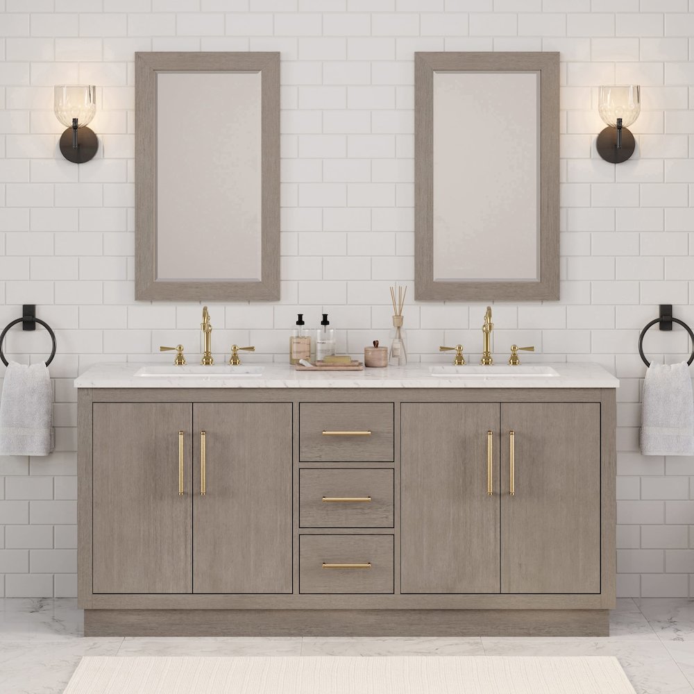 Hugo 72 In. Double Sink Carrara White Marble Countertop Bath Vanity in Grey Oak. Picture 2