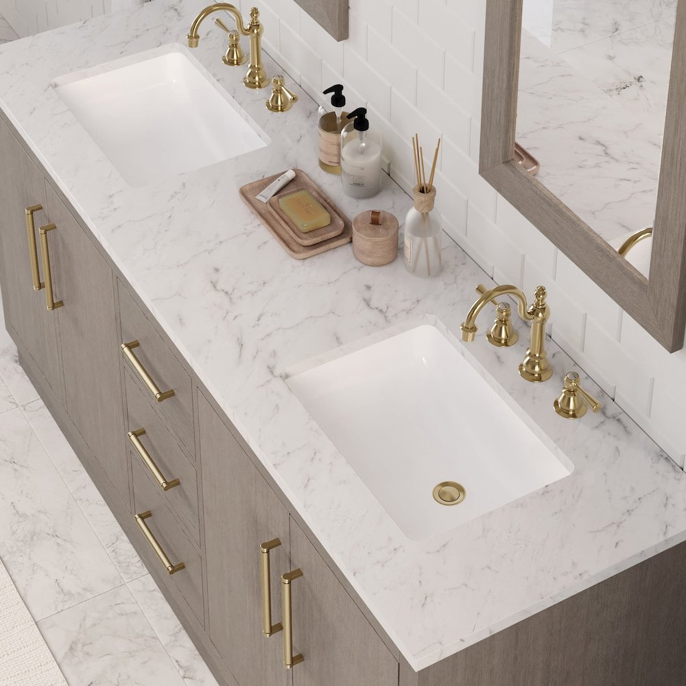 Hugo 72 In. Double Sink Carrara White Marble Countertop Bath Vanity in Grey Oak. Picture 13