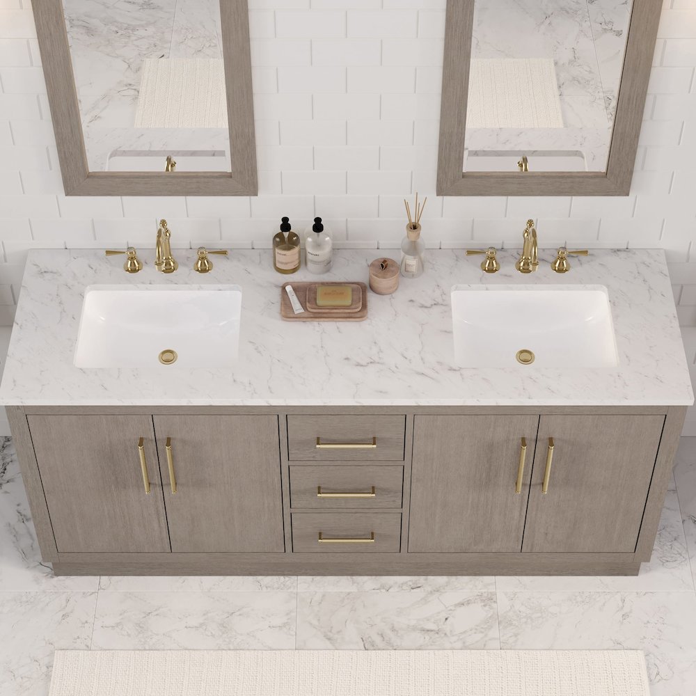 Hugo 72 In. Double Sink Carrara White Marble Countertop Bath Vanity in Grey Oak. Picture 14