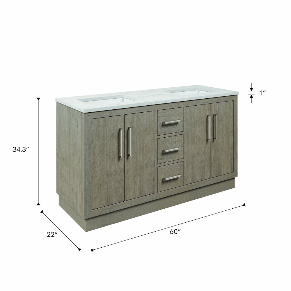 Hugo 60 In. Double Sink Carrara White Marble Countertop Bath Vanity in Grey Oak. Picture 16