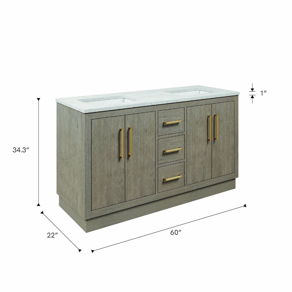 Hugo 60 In. Double Sink Carrara White Marble Countertop Bath Vanity in Grey Oak. Picture 18