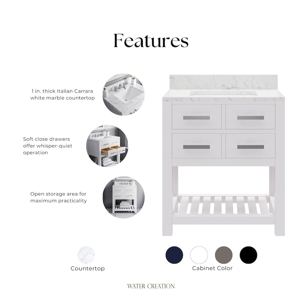 Madalyn 30 In. Single Sink Carrara White Marble Countertop Bath Vanity. Picture 8