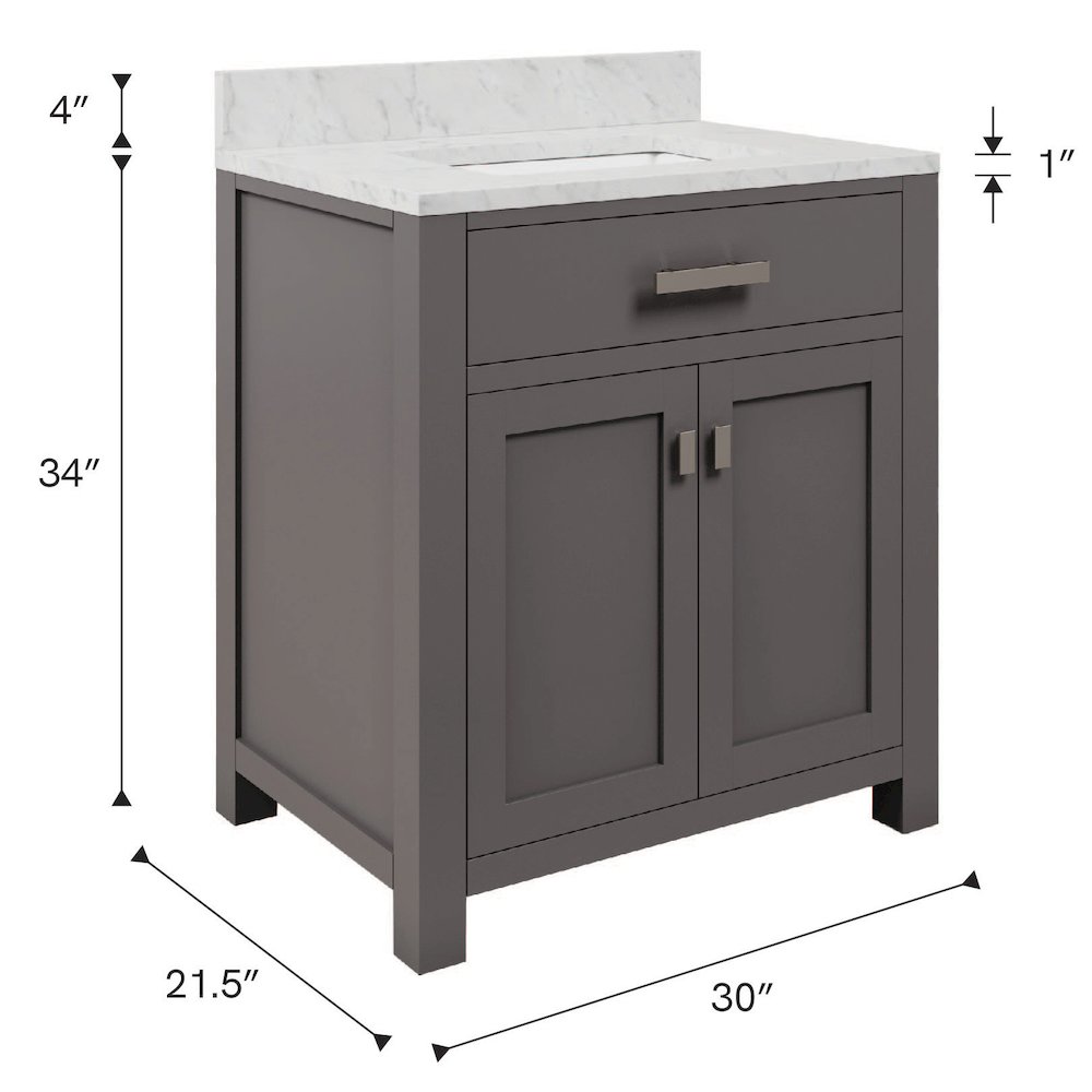 Madison 30 In. Single Sink Carrara White Marble Countertop Bath Vanity. Picture 15