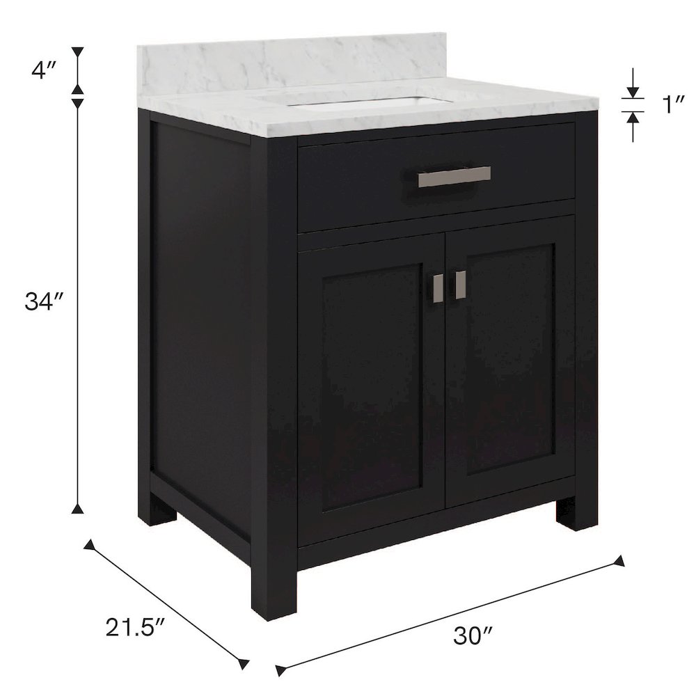 Madison 30 In. Single Sink Carrara White Marble Countertop Bath Vanity. Picture 14