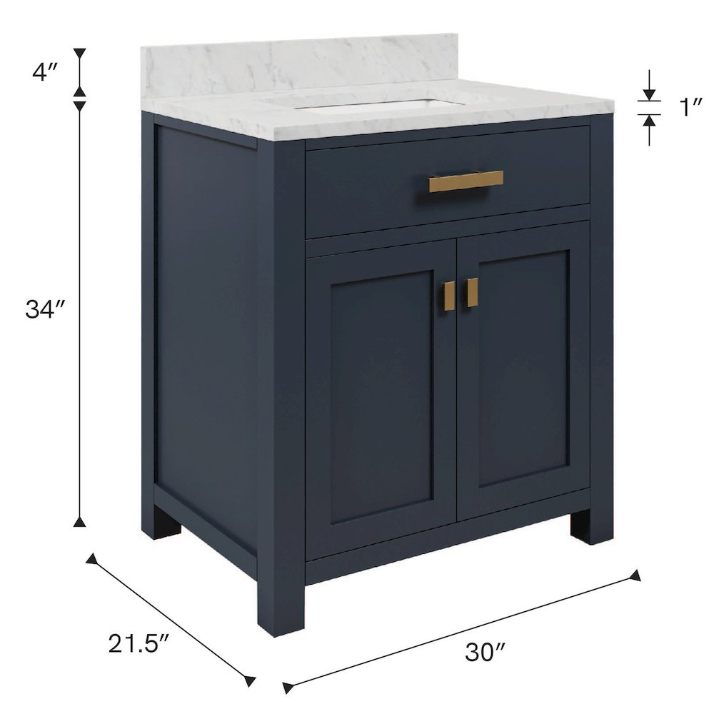 Madison 30 In. Single Sink Carrara White Marble Countertop Bath Vanity. Picture 14