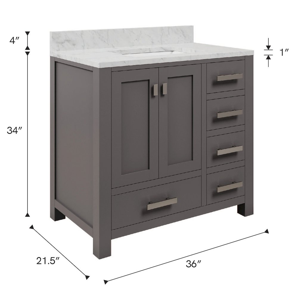 Madison 36 In. Single Sink Carrara White Marble Countertop Bath Vanity. Picture 16