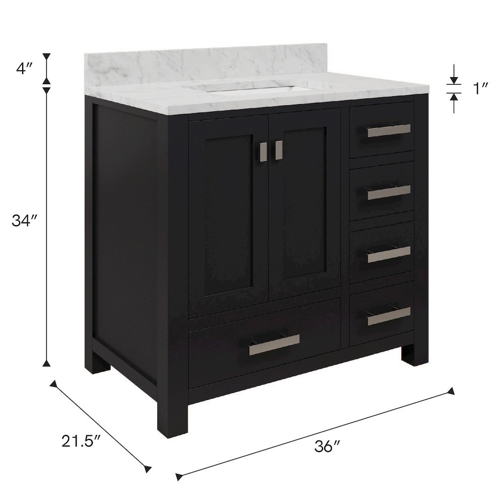 Madison 36 In. Single Sink Carrara White Marble Countertop Bath Vanity. Picture 15