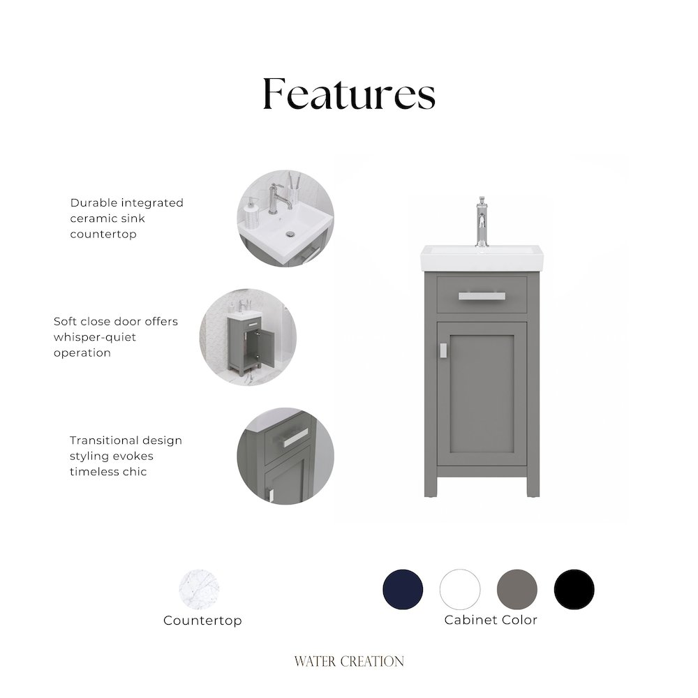 Mia 18 In. Integrated Ceramic Sink Top Bath Vanity in Cashmere Grey. Picture 9