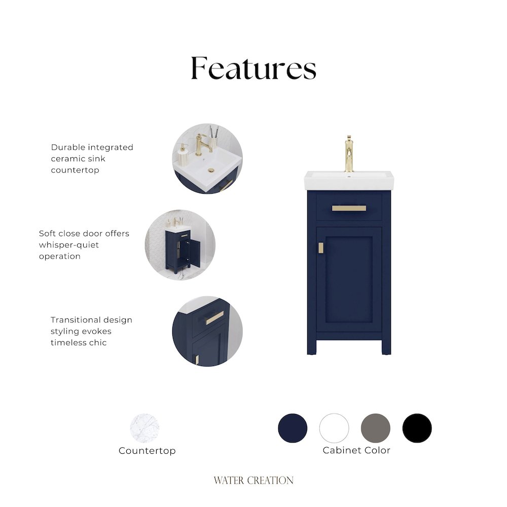 Mia 18 In. Integrated Ceramic Sink Top Bath Vanity in Monarch Blue. Picture 9