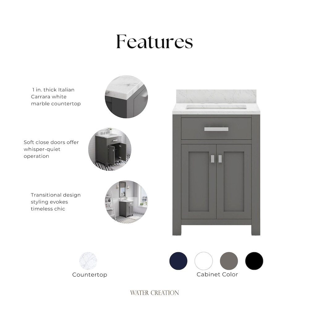 Madison 24 In. Single Sink Carrara White Marble Countertop Bath Vanity. Picture 9