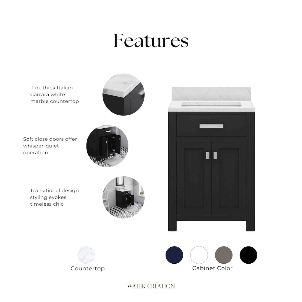 Madison 24 In. Single Sink Carrara White Marble Countertop Bath Vanity. Picture 7