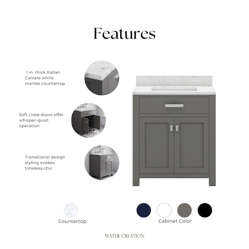 Madison 30 In. Single Sink Carrara White Marble Countertop Bath Vanity. Picture 8
