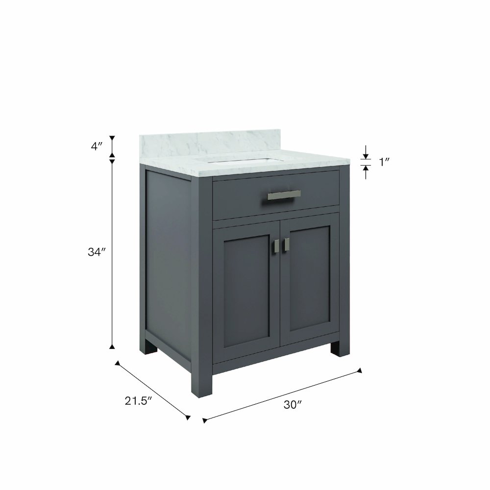 Madison 30 In. Single Sink Carrara White Marble Countertop Bath Vanity. Picture 7