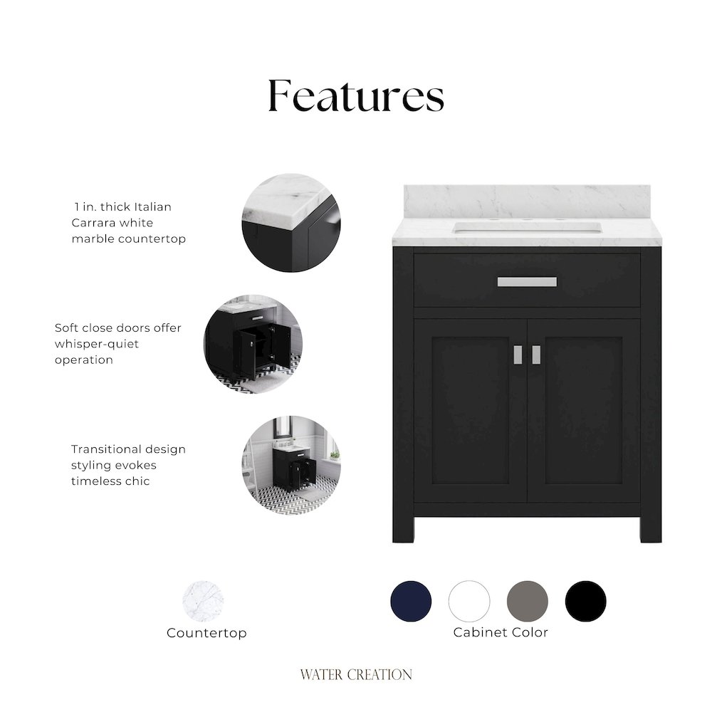 Madison 30 In. Single Sink Carrara White Marble Countertop Bath Vanity. Picture 7