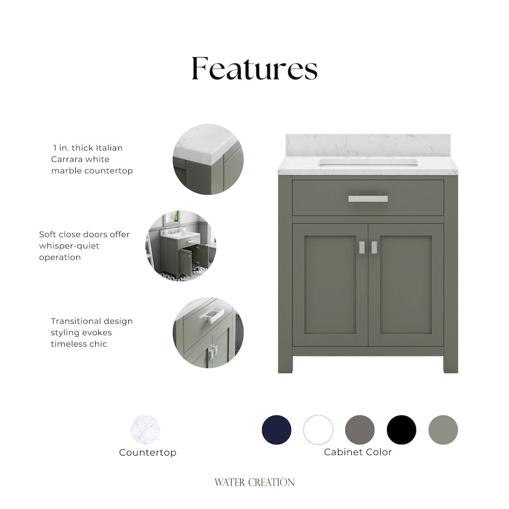 Madison 30 In. Single Sink Carrara White Marble Countertop Bath Vanity. Picture 13