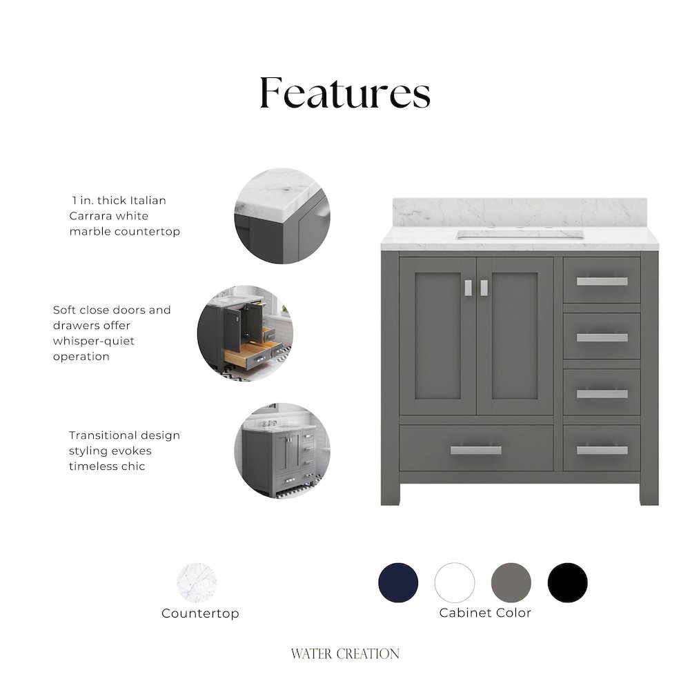 Madison 36 In. Single Sink Carrara White Marble Countertop Bath Vanity. Picture 10