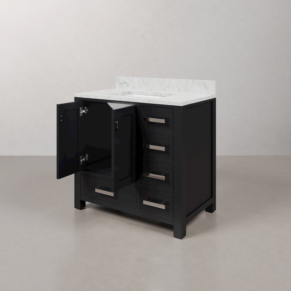 Madison 36 In. Single Sink Carrara White Marble Countertop Bath Vanity. Picture 6