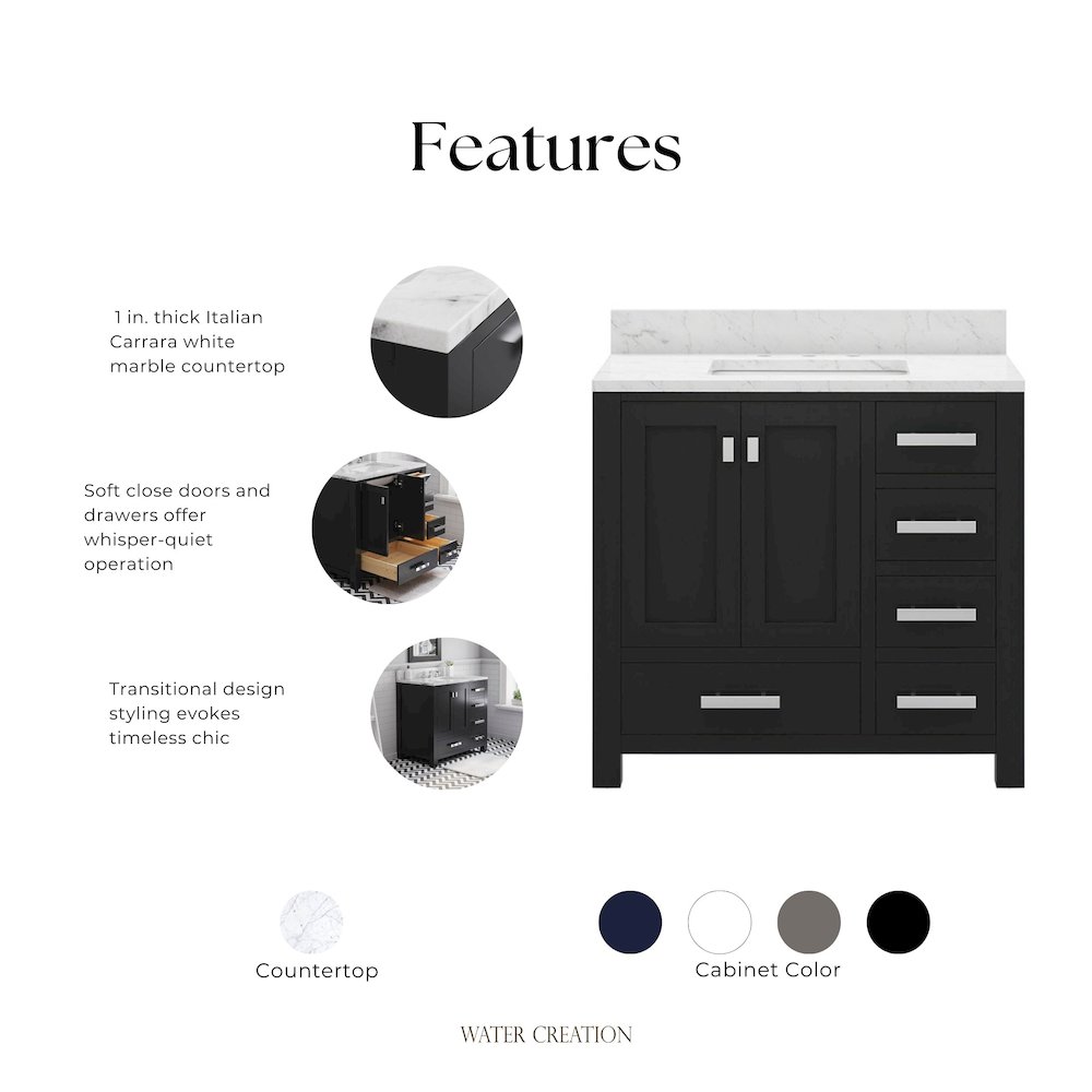 Madison 36 In. Single Sink Carrara White Marble Countertop Bath Vanity. Picture 12
