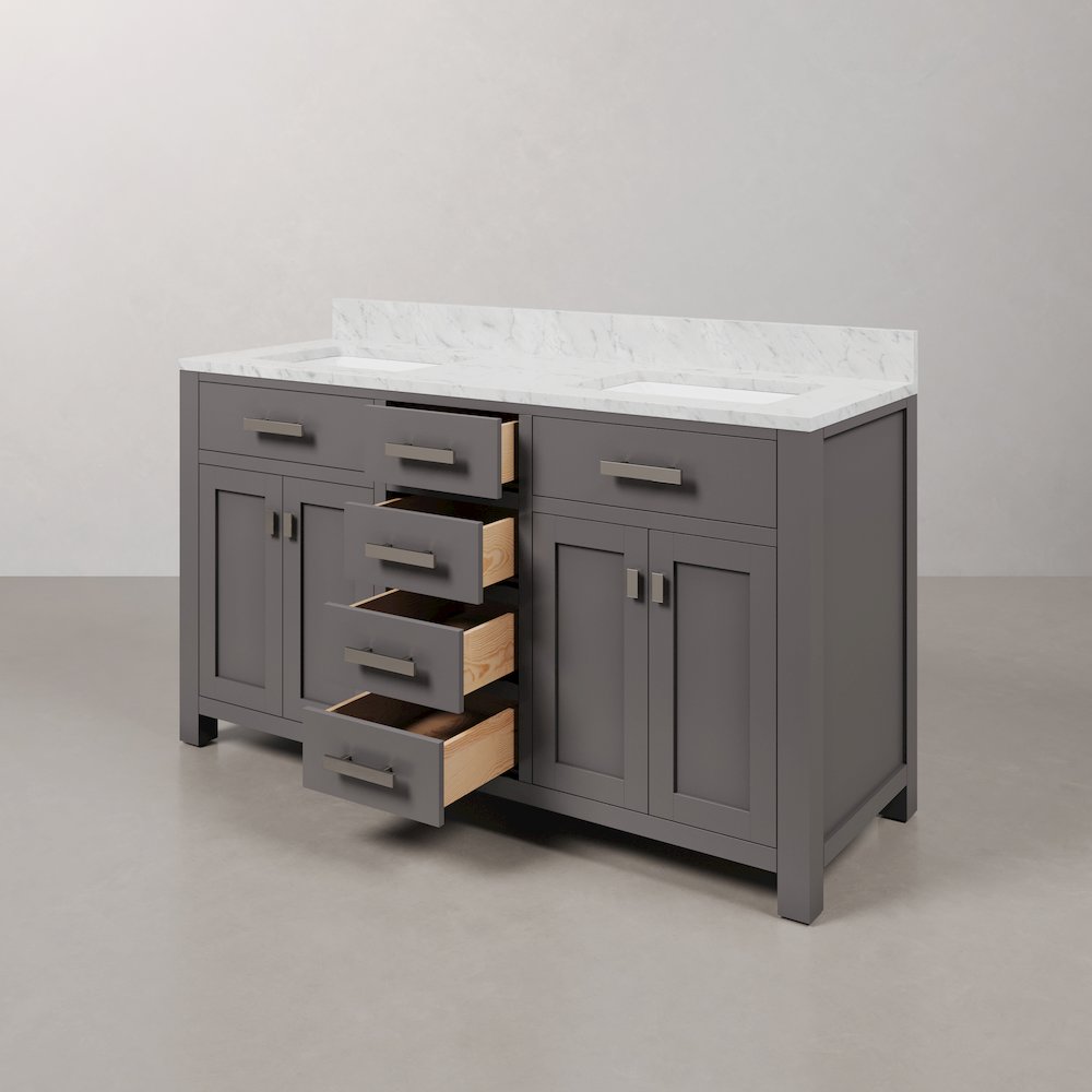 Madison 60 In. Double Sink Carrara White Marble Countertop Bath Vanity. Picture 5