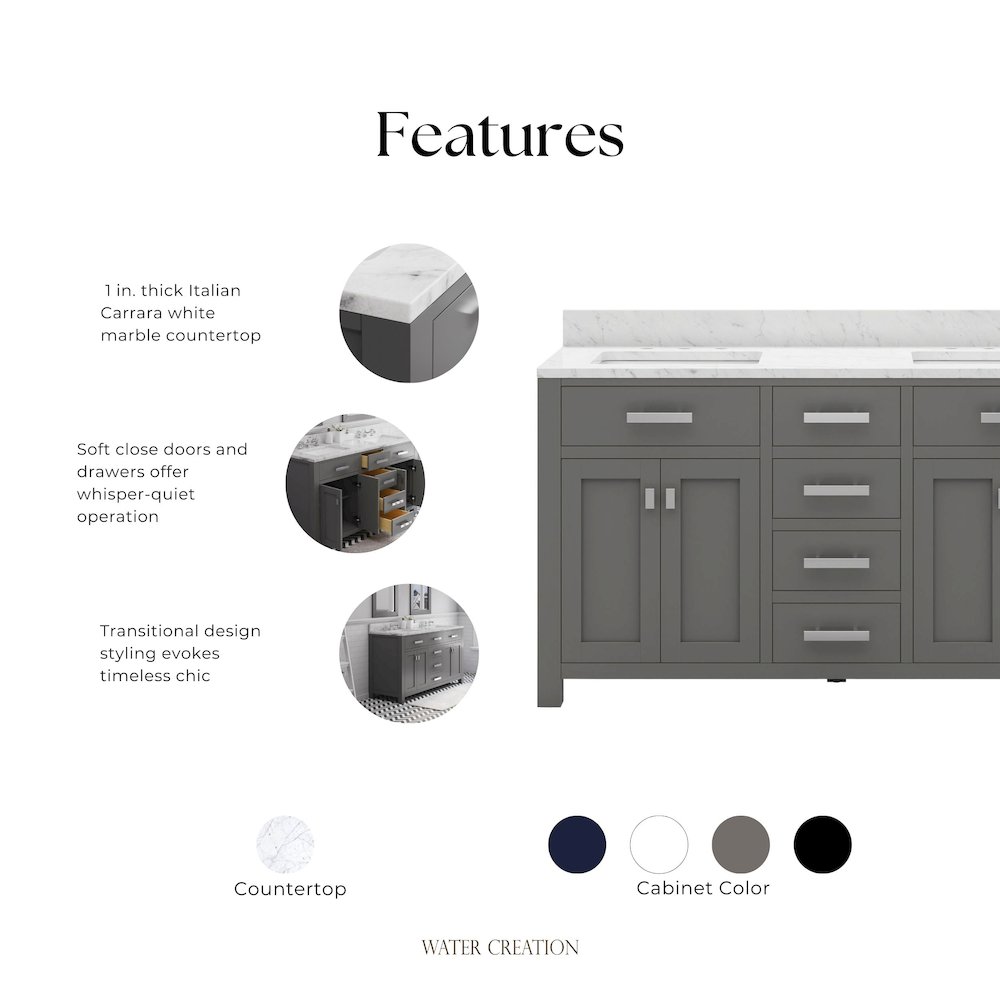 Madison 60 In. Double Sink Carrara White Marble Countertop Bath Vanity. Picture 12