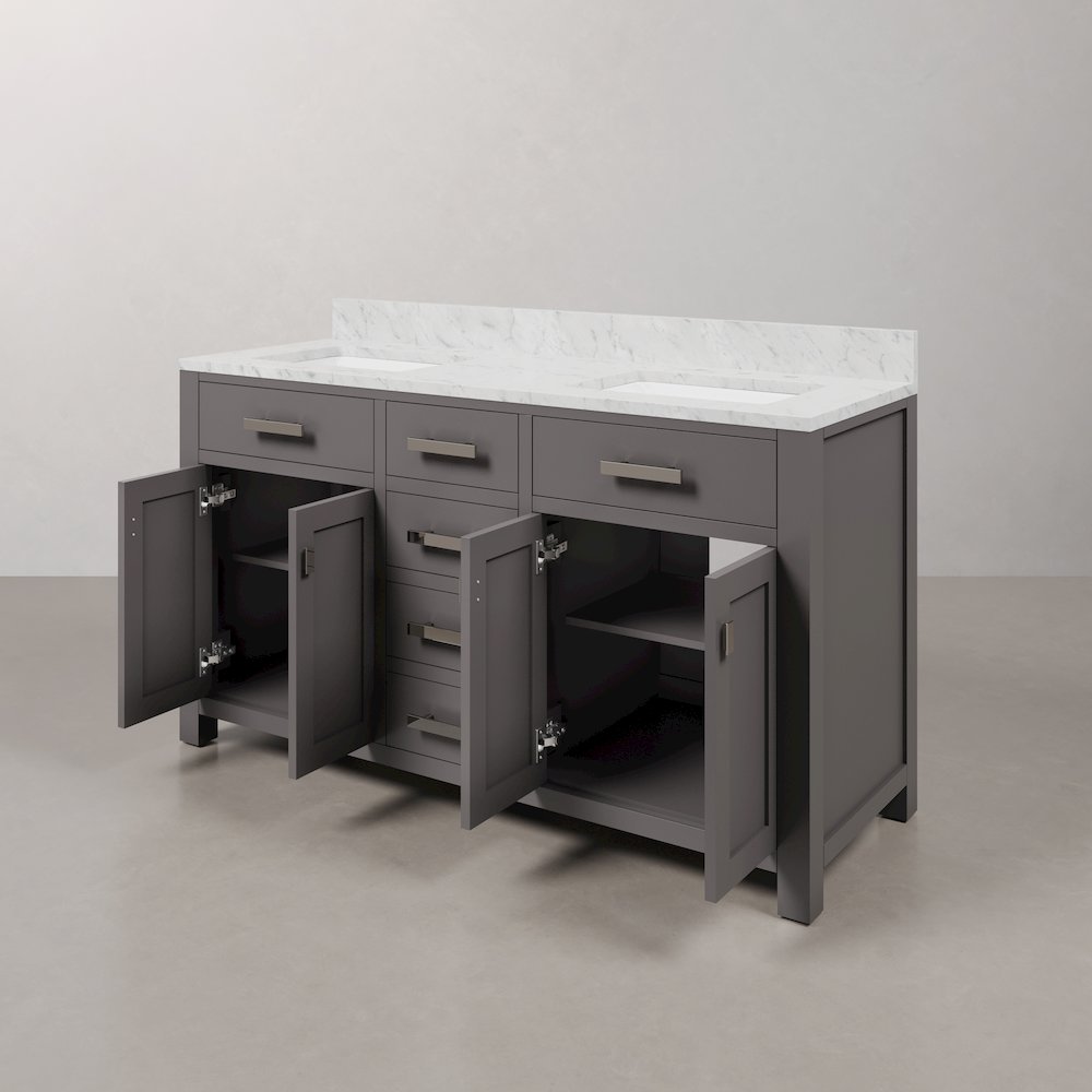 Madison 60 In. Double Sink Carrara White Marble Countertop Bath Vanity. Picture 6