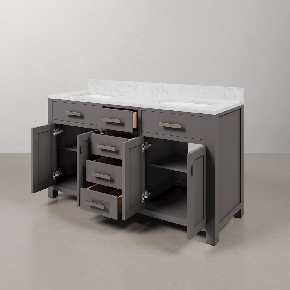 Madison 60 In. Double Sink Carrara White Marble Countertop Bath Vanity. Picture 3