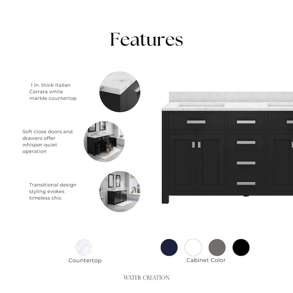 Madison 60 In. Double Sink Carrara White Marble Countertop Bath Vanity. Picture 12