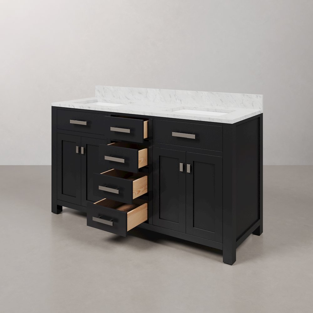 Madison 60 In. Double Sink Carrara White Marble Countertop Bath Vanity. Picture 5