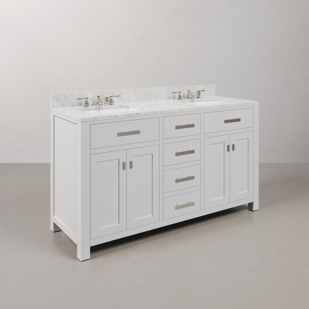 Madison 60 In. Double Sink Carrara White Marble Countertop Bath Vanity. Picture 3