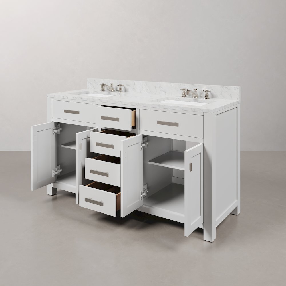 Madison 60 In. Double Sink Carrara White Marble Countertop Bath Vanity. Picture 4