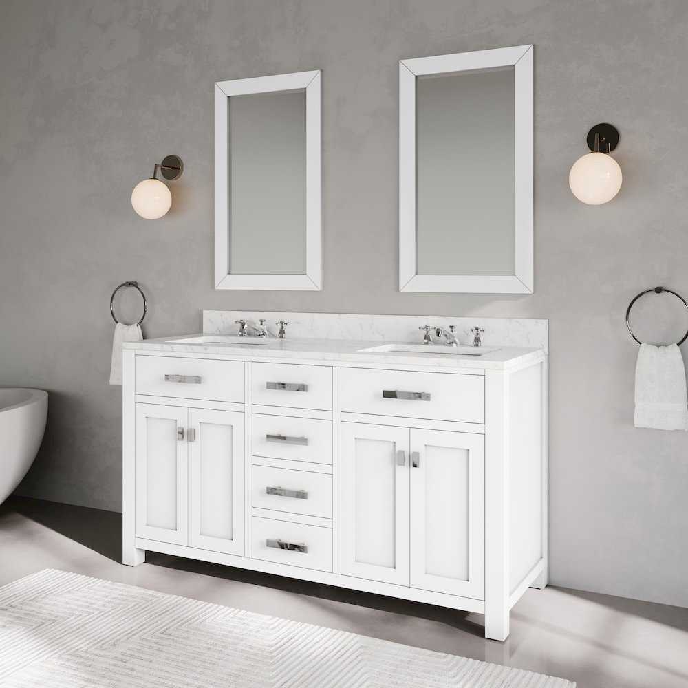 Madison 60 In. Double Sink Carrara White Marble Countertop Bath Vanity. Picture 6