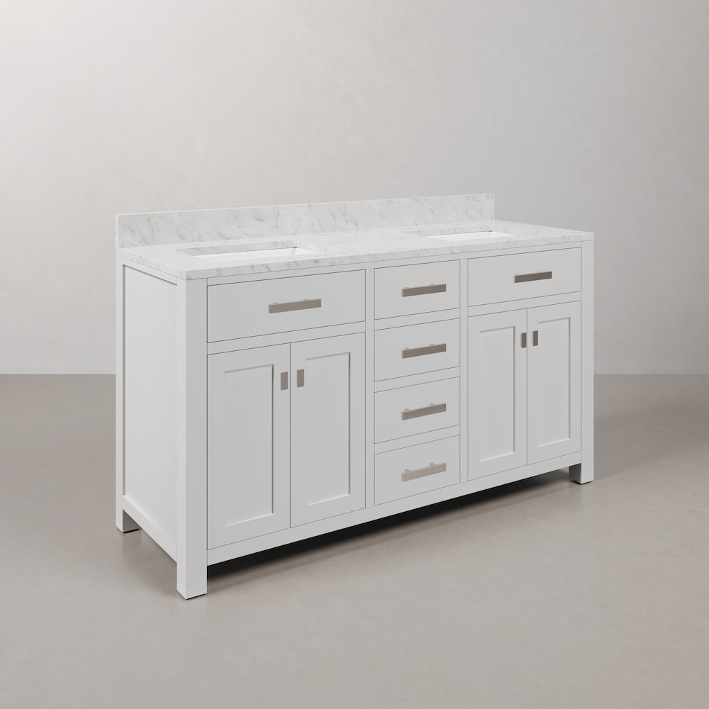 Madison 60 In. Double Sink Carrara White Marble Countertop Bath Vanity. Picture 3