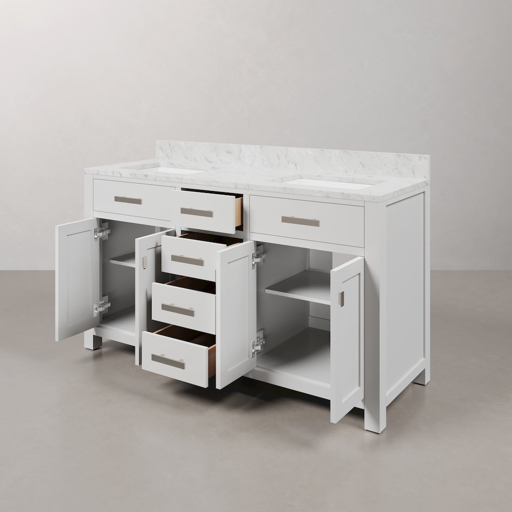 Madison 60 In. Double Sink Carrara White Marble Countertop Bath Vanity. Picture 4