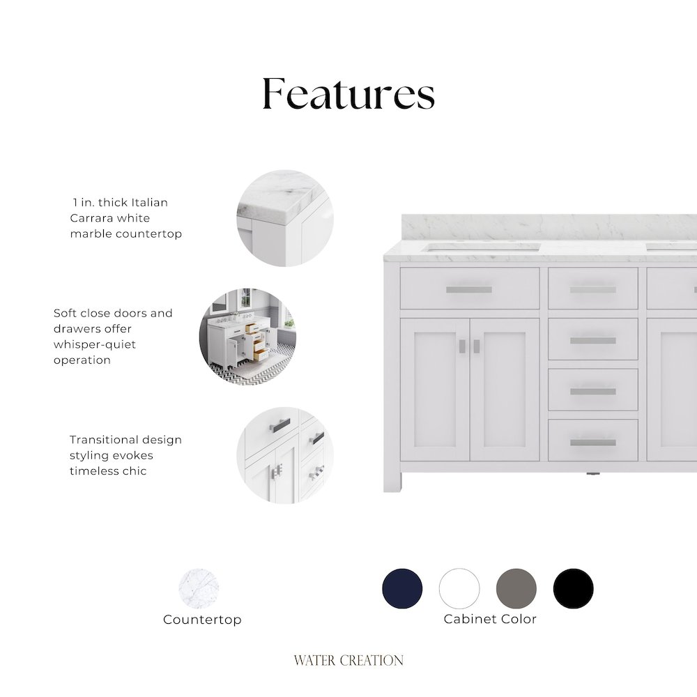 Madison 60 In. Double Sink Carrara White Marble Countertop Bath Vanity. Picture 7