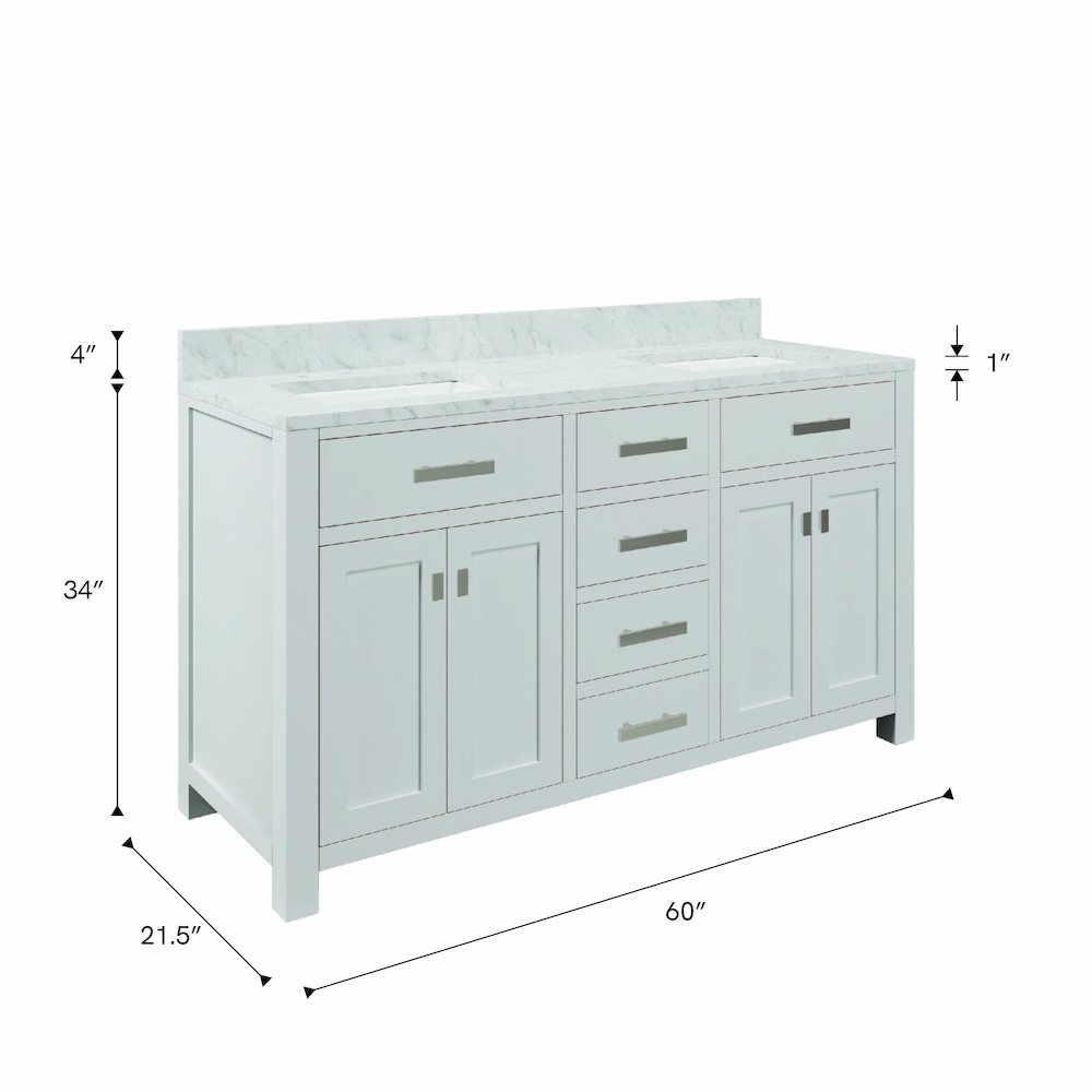 Madison 60 In. Double Sink Carrara White Marble Countertop Bath Vanity. Picture 8