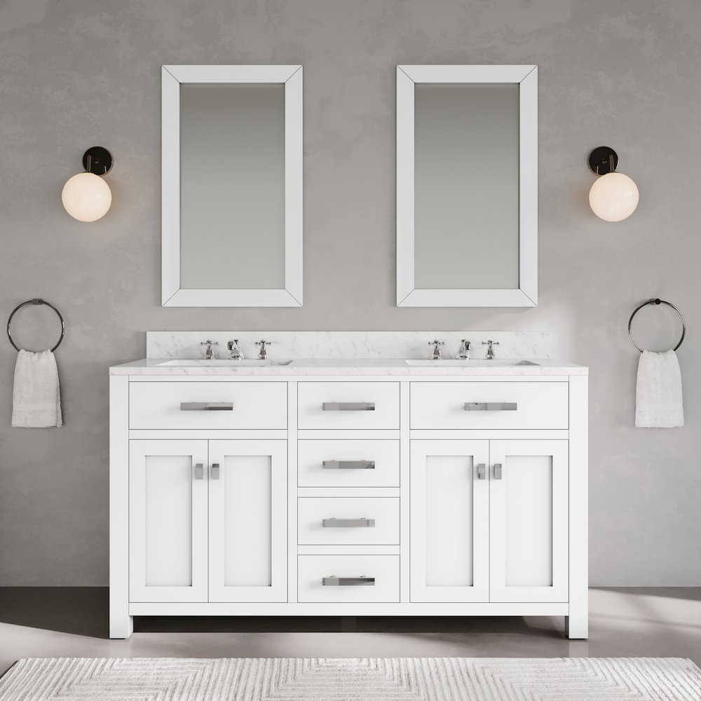 Madison 60 In. Double Sink Carrara White Marble Countertop Bath Vanity. Picture 2