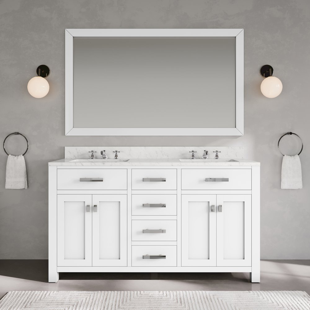 Madison 60 In. Double Sink Carrara White Marble Countertop Bath Vanity. Picture 2
