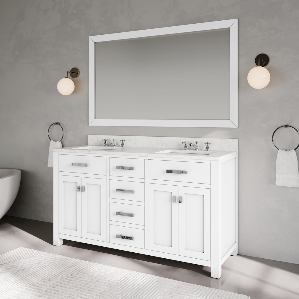 Madison 60 In. Double Sink Carrara White Marble Countertop Bath Vanity. Picture 6