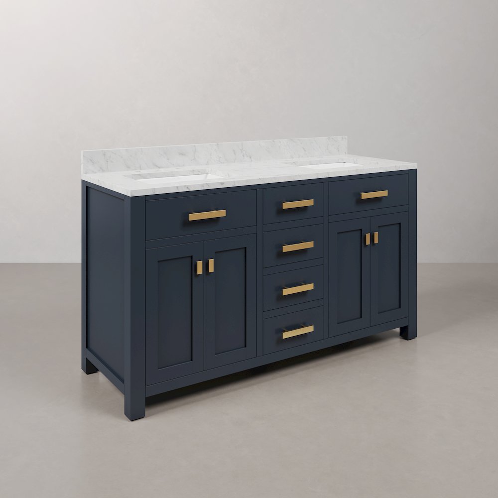 Madison 60 In. Double Sink Carrara White Marble Countertop Bath Vanity. Picture 3