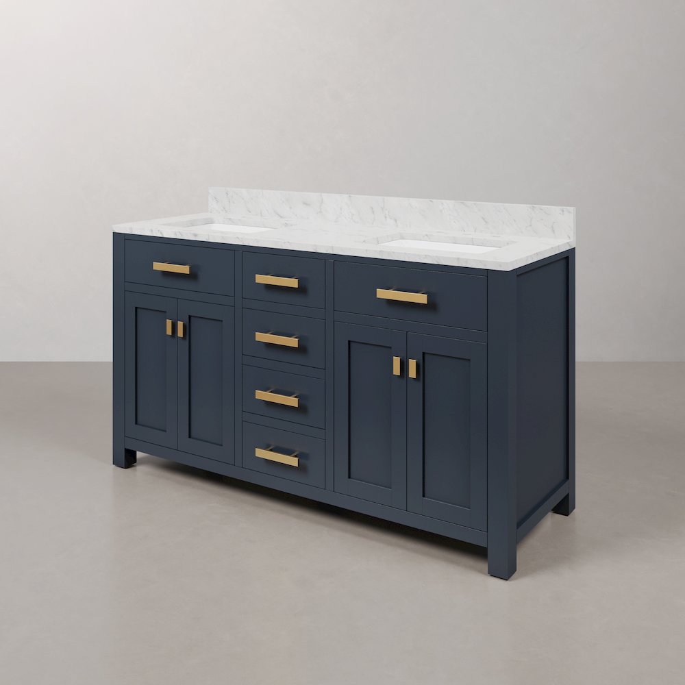 Madison 60 In. Double Sink Carrara White Marble Countertop Bath Vanity. Picture 4
