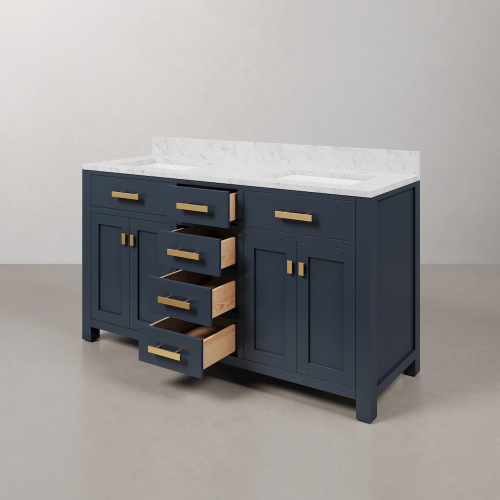 Madison 60 In. Double Sink Carrara White Marble Countertop Bath Vanity. Picture 5