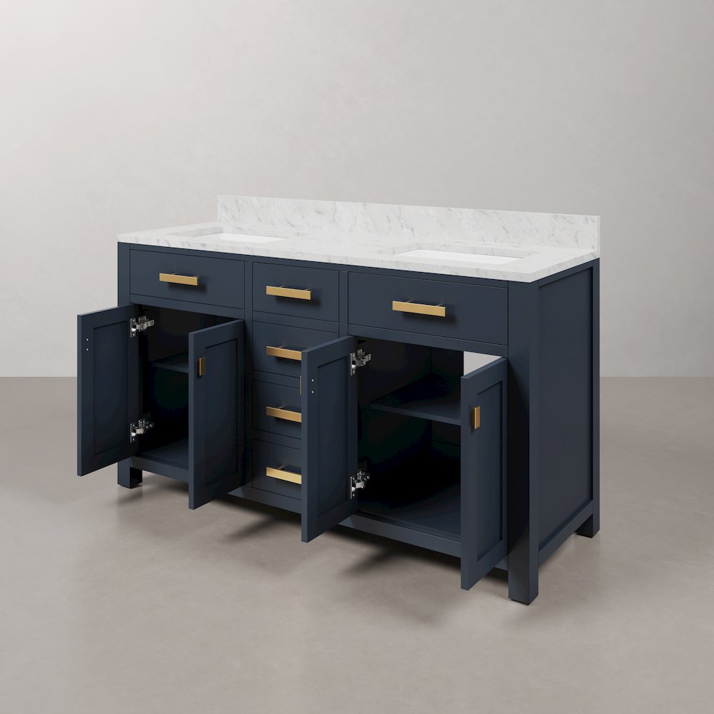 Madison 60 In. Double Sink Carrara White Marble Countertop Bath Vanity. Picture 6