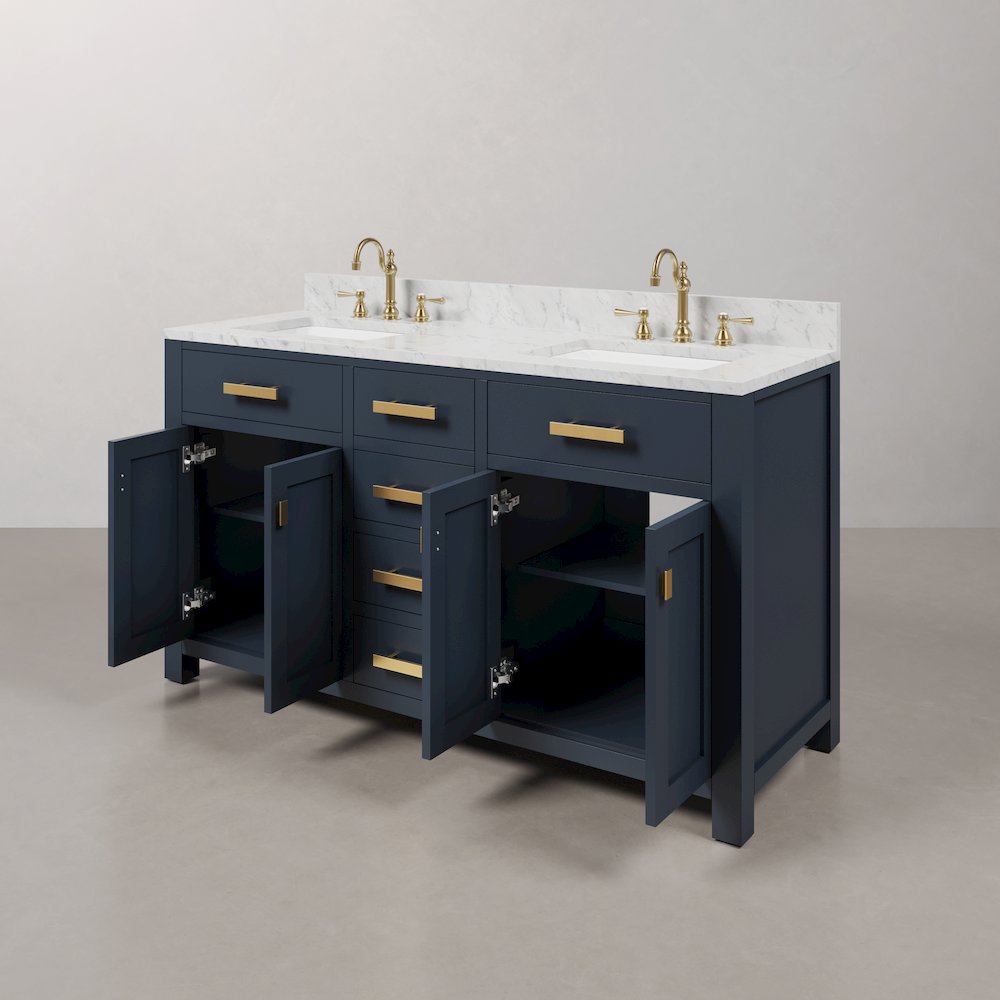 Madison 60 In. Double Sink Carrara White Marble Countertop Bath Vanity. Picture 6